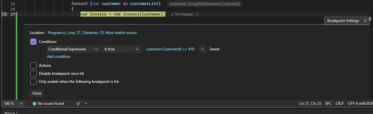 Condition 'customer.CustomerId == 410' activated