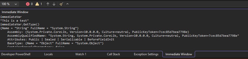Results of immediateVar.GetType() printed to Immediate Window output.