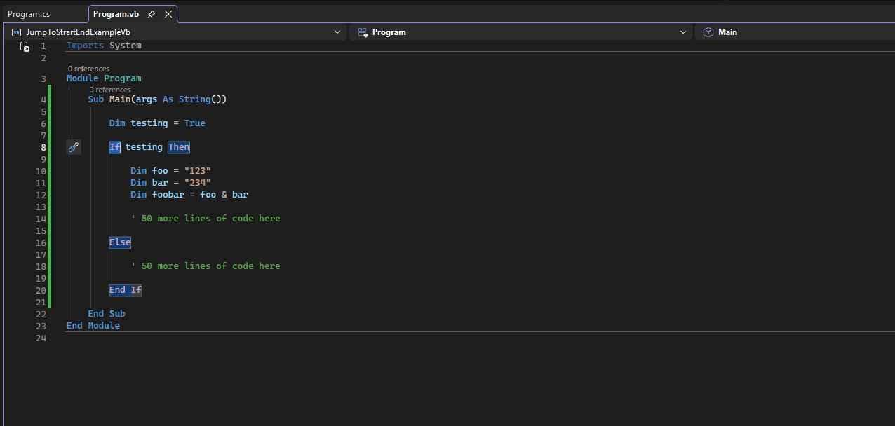 VB Example Showing Jump Ctrl + Shift + Up/Down Arrows to Find Matching Delimiter