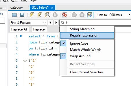 Regular Expression option in search drop-down