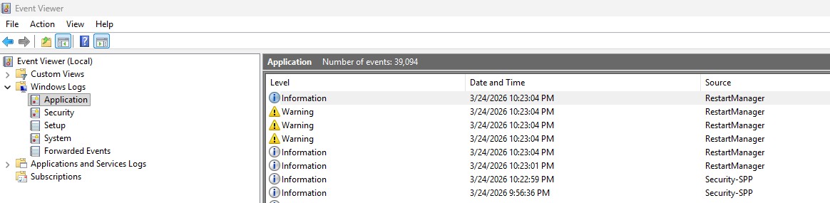 Event Viewer Application Logs